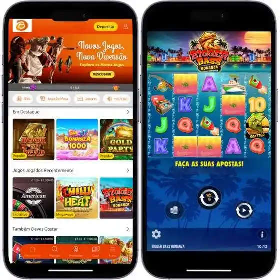Aplicación BacanaPlay mostrando tragamonedas como Bigger Bass Bonanza en smartphones
