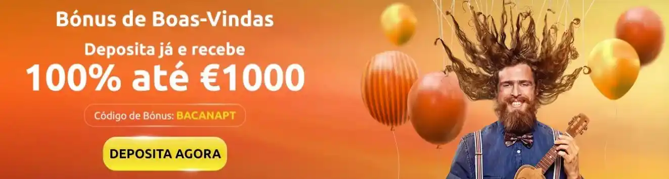 Bono del 100% hasta 1000€ en BacanaPlay con código BACANAPT y globos naranjas de fondo